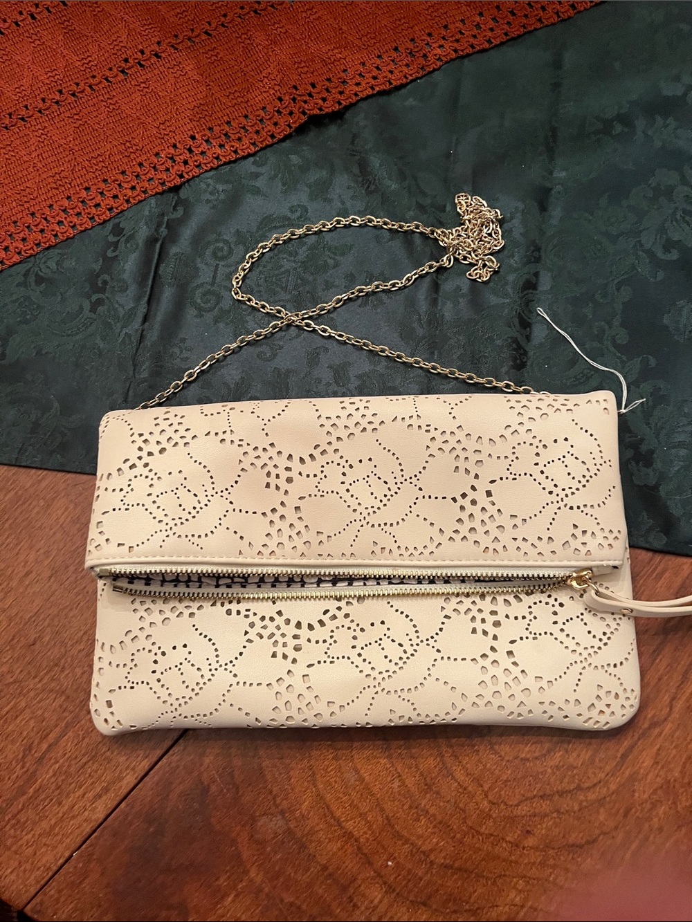 Urban Expressions Cream Laser-Cut Foldover Clutch with Gold Chain